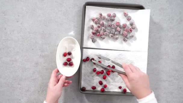 Zitronen Preiselbeerkuchen Mit Zucker Preiselbeeren Und Zitronenkeilen Auf Einem Kuchenstand — Stockvideo