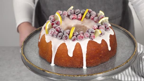 Tarta Limonada Arándanos Rojos Decorada Con Arándanos Azucarados Cuñas Limón — Vídeo de stock