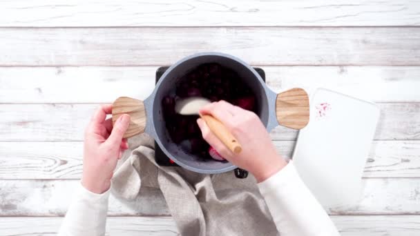Приготування Змішаного Ягідного Компоту Заморожених Ягід Каструлі Приготування Їжі — стокове відео