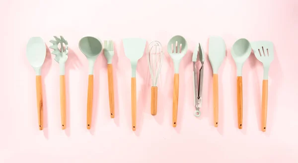 Flat Lay New Blue Silicone Kitchen Utensils Wooden Handles Pink — Stock Photo, Image