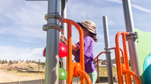 Little Girl Playing Modern Children Playground Suburbs Hot Summer Day — Stock Photo, Image