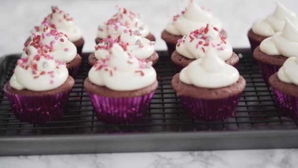 Stap Voor Stap Decoratie Van Rode Fluwelen Cupcakes Met Hagelslag — Stockvideo