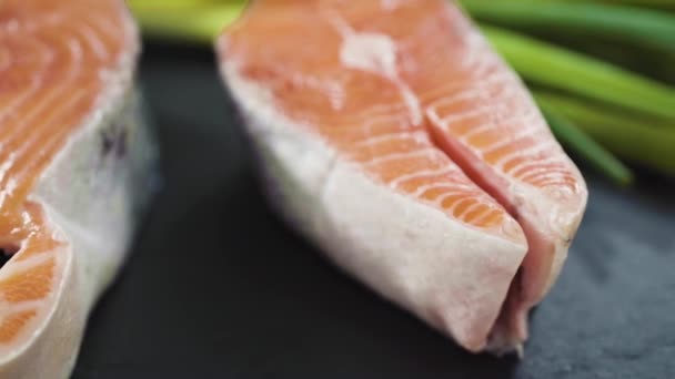 Preparing Marinating Salmon Steaks Glass Dish Grilling — Stock Video