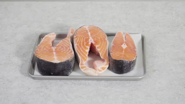 Preparing Marinating Salmon Steaks Glass Dish Grilling — Stock Video