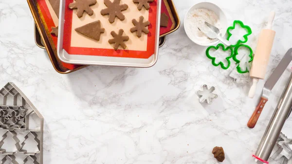 Flat Lay Step Step Rolling Out Gingerbread Cookie Dough Bake — Stock Photo, Image