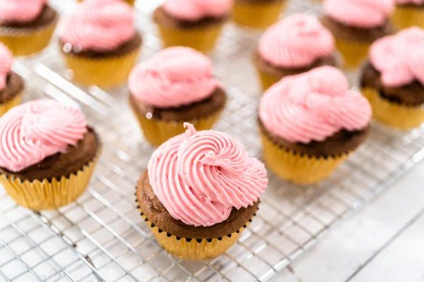 Frosting Chocolade Cupcakes Met Frambozenroom Kaas Boterroom — Stockfoto