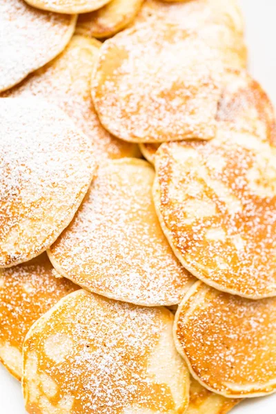 Flat Lay Freshly Made Small Pancakes Kefir Base Garnished Powdered — Stock Photo, Image