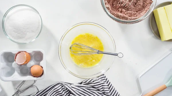 Step Step Flat Lay Mixing Ingredients Glass Mixing Bowl Bake — Stock Photo, Image