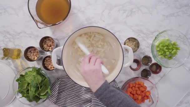 Cocinar Sopa Vegetariana Frijol Blanco Horno Holandés Hierro Fundido — Vídeo de stock