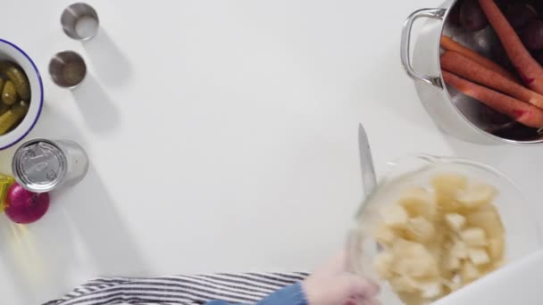 Összetevők Elkészítése Vinaigrette Saláta Készítéséhez Pulton — Stock videók