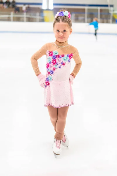 Young Figure Skater Pink Dress Flowers Rhinestones Indoor Ice Arena — Stock Photo, Image