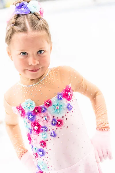 Young Figure Skater Pink Dress Flowers Rhinestones Indoor Ice Arena — Stock Photo, Image