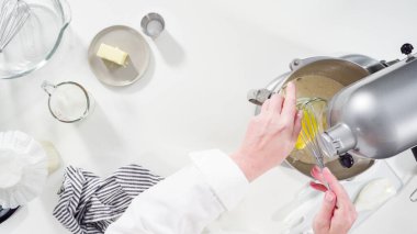 Düz yatıyordu. Tarçınlı rulo pişirmek için mutfak malzemelerini karıştırıyorum..