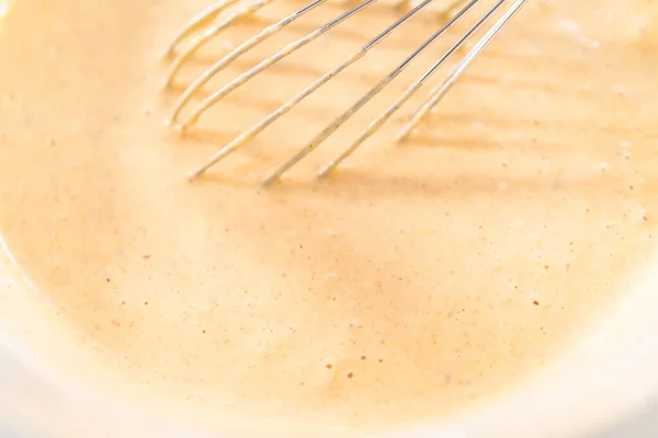 Mixing Ingredients Glass Mixing Bowl Make Pumpkin Pancakes — Stock Photo, Image