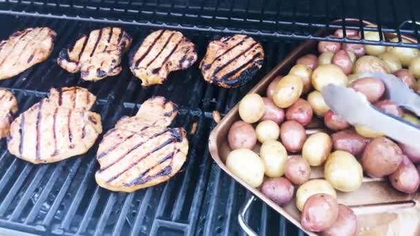 在室外煤气炉上烤腌鸡和小土豆 — 图库视频影像