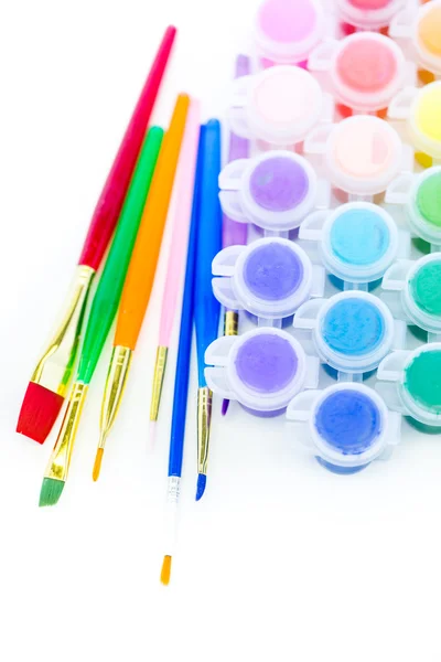 Paints and brushes School supplies — Stock Photo, Image
