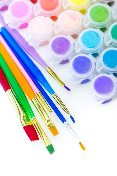 Paints and brushes School supplies — Stock Photo, Image
