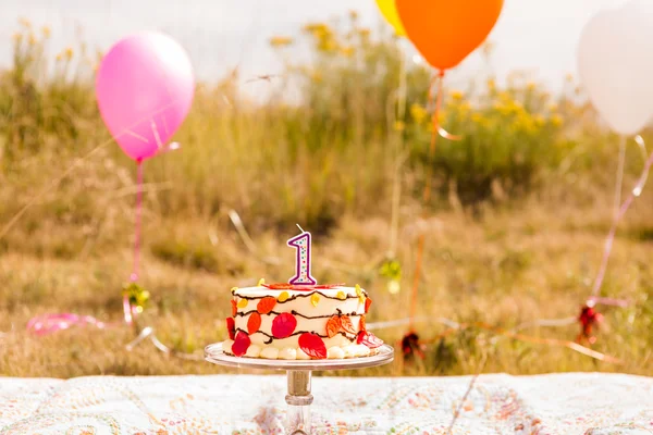 Doğum günü partisi ile kek ve balon. — Stok fotoğraf