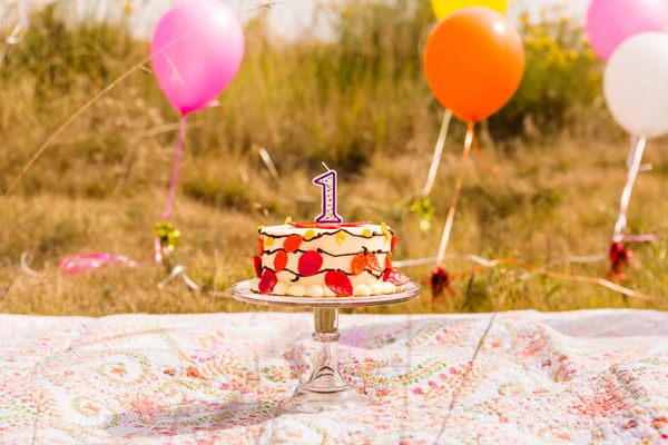 Födelsedagsfest med tårta och ballonger. — Stockfoto