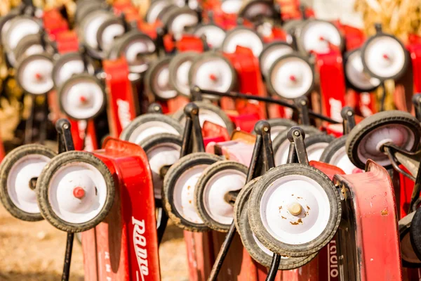 Vagones rojos en parche de calabaza — Foto de Stock