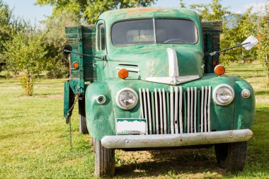 Elma çiftliğinde yeşil eski kamyon