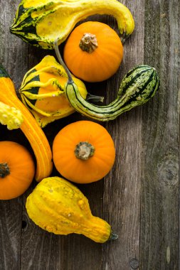 Ahşap masa üzerinde organik kabaklar