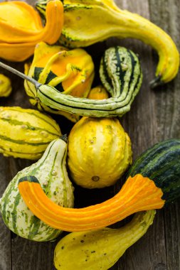 Ahşap masa üzerinde organik kabaklar