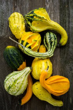 Ahşap masa üzerinde organik kabaklar