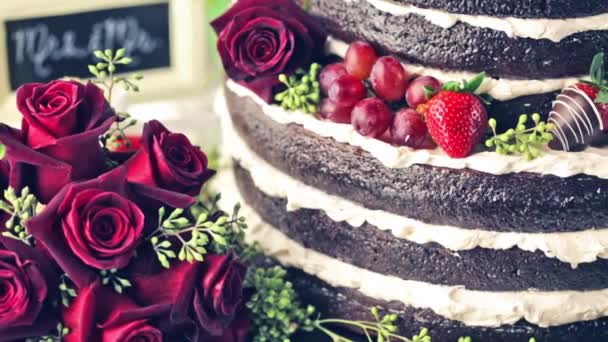 Tasty tiered cake with fruits — Stock Video