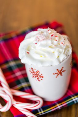 Krem şanti ve gürültüyle çarpmak nane şekerleri ile sıcak çikolata