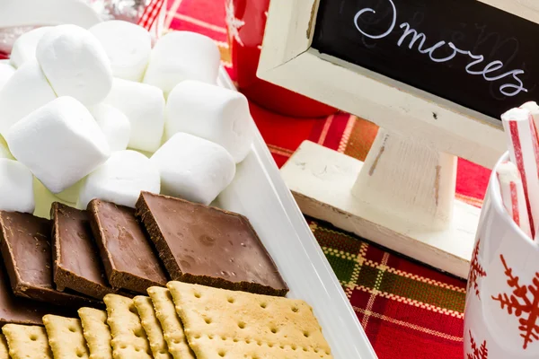 Smores station med stora vita marshmallows — Stockfoto