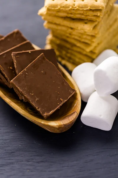 Smores station with large white marshmallows — Stock Photo, Image