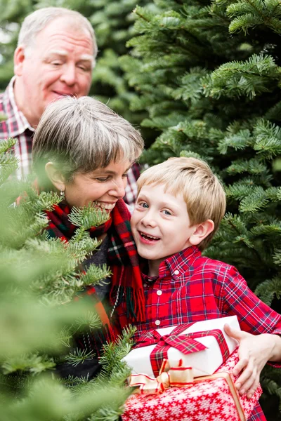 Familjen på jul träd gård — Stockfoto