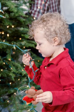 Noel ağacı süsleyen küçük çocuk.