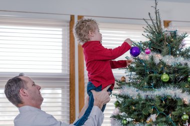Baba ve oğul Noel ağacı süslüyorlar.