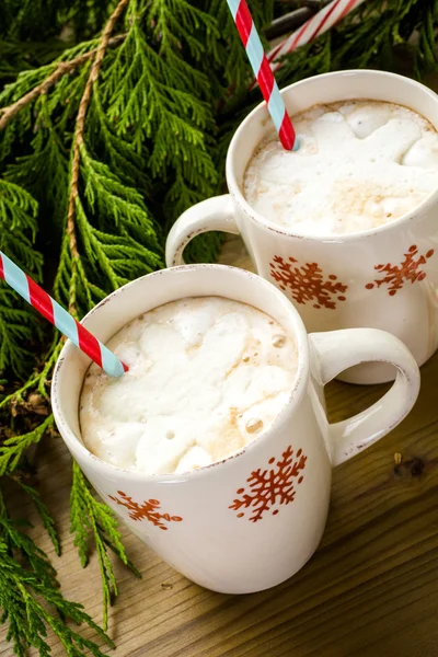 Hot chocolate with whipped cream and straw — Stock Photo, Image