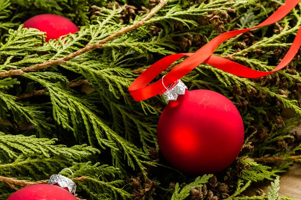 Red Christmas ornaments, baubles — Stock Photo, Image