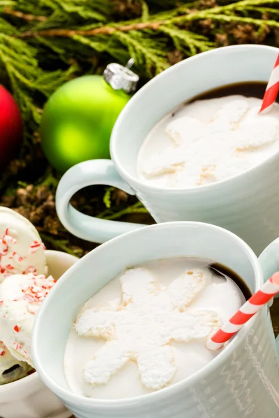 Warme chocolademelk met sneeuwvlok vormige marshmallows. — Stockfoto