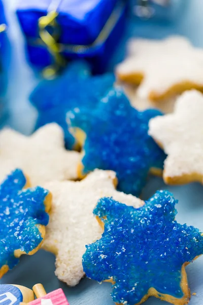Chanuka białe i niebieskie gwiazdy cookies cukru strony matowe — Zdjęcie stockowe