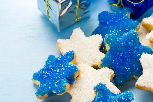 White and blue stars hand frosted sugar cookies — Stock Photo, Image