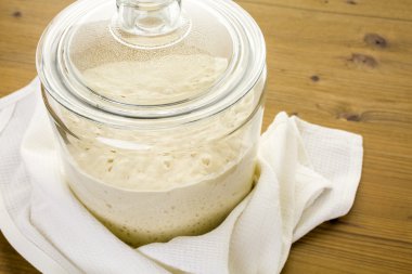 Hamur mayası başlatıcı büyük cam kavanoz içinde