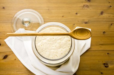 Hamur mayası başlatıcı büyük cam kavanoz içinde