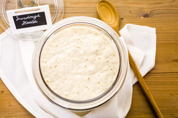 Antipasto di pasta madre in grande vaso di vetro — Foto Stock