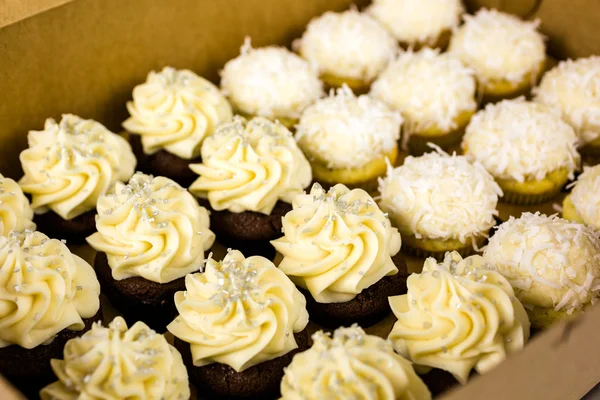 Cupcakes with white icing and coconut — Stock Photo, Image