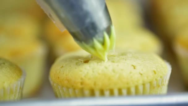 Panettiere fare cupcake multicolore — Video Stock