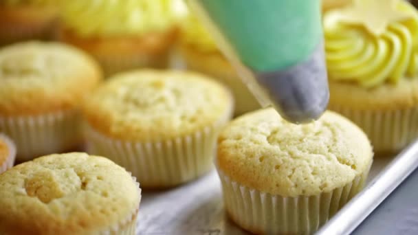 Panadero haciendo cupcakes multicolores — Vídeo de stock