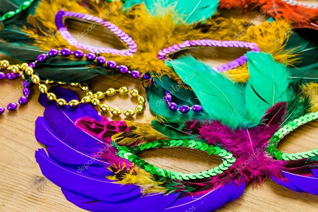 Multicolored Decorations Face Masks For Mardi Gras Stock Photo
