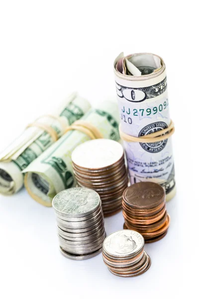 Uns Geld, amerikanische Scheine und Münzen — Stockfoto