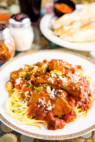 Fresh spaghetti with sausage — Stock Photo, Image