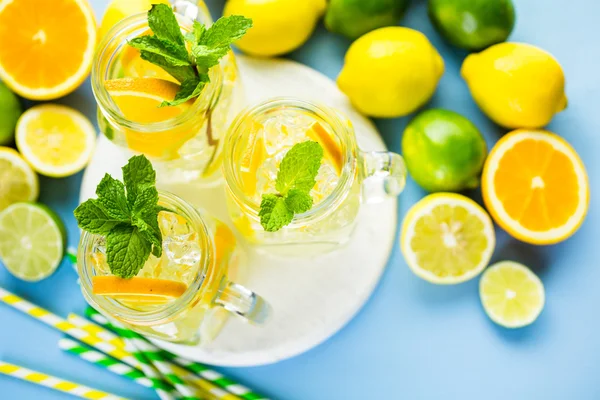 Water with fresh citrus fruits and ice — Stock Photo, Image